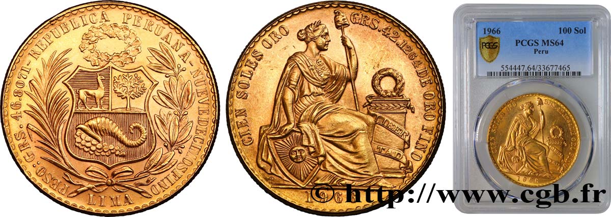 PÉROU 100 Soles de Oro emblème / liberté assise 1966 Lima SPL64 PCGS