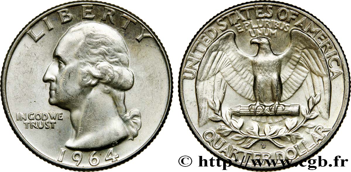 VEREINIGTE STAATEN VON AMERIKA 1/4 Dollar Georges Washington 1964 Denver VZ 