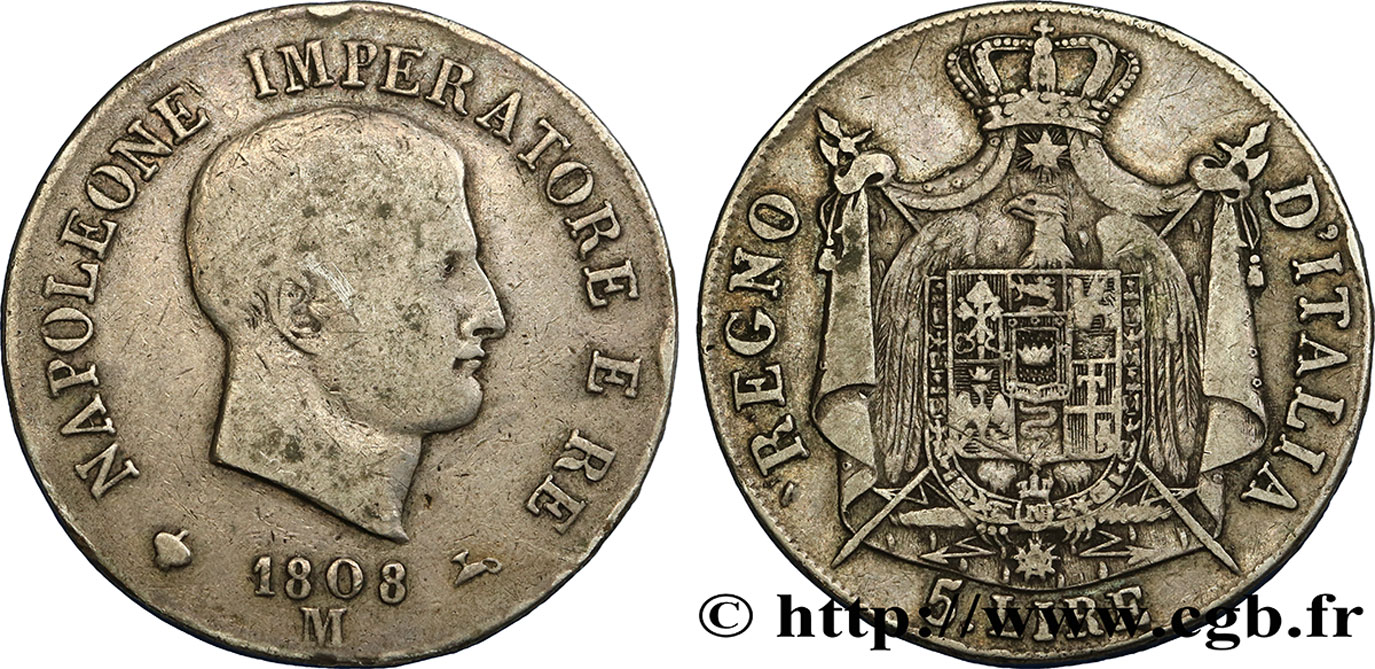 ITALY - KINGDOM OF ITALY - NAPOLEON I 5 Lire 1808 Milan VF 