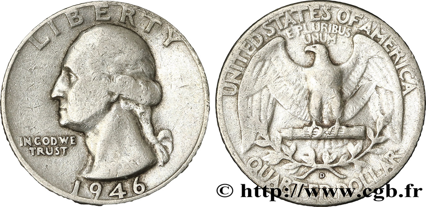 UNITED STATES OF AMERICA 1/4 Dollar Georges Washington 1946 Denver - D VF 