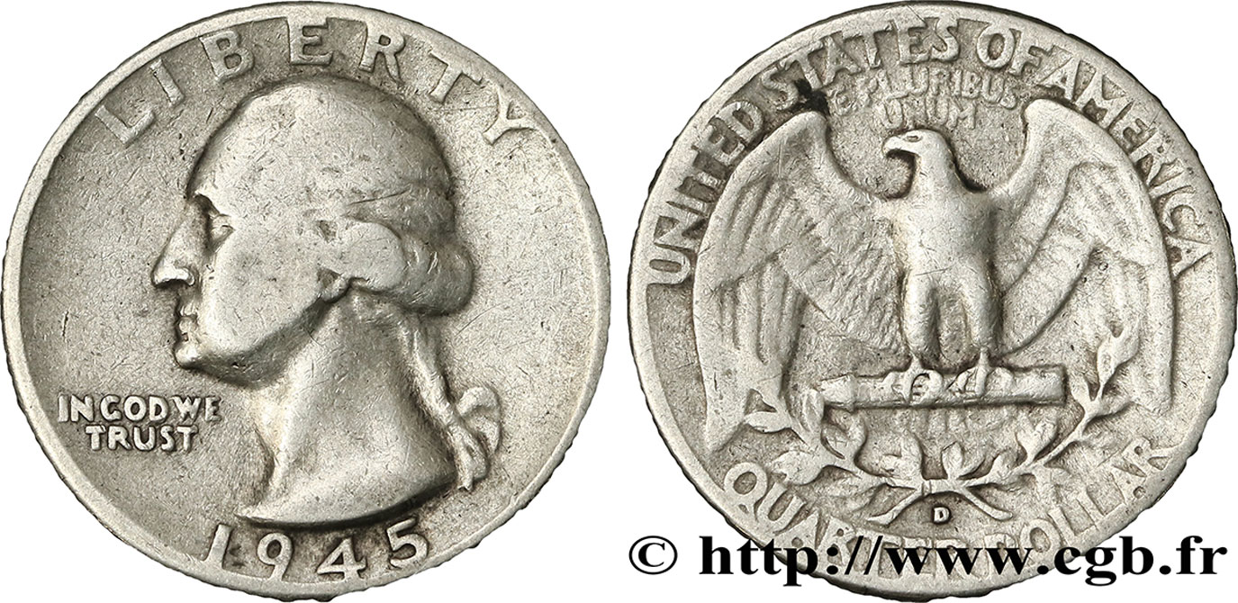 UNITED STATES OF AMERICA 1/4 Dollar Georges Washington 1945 Denver - D VF 