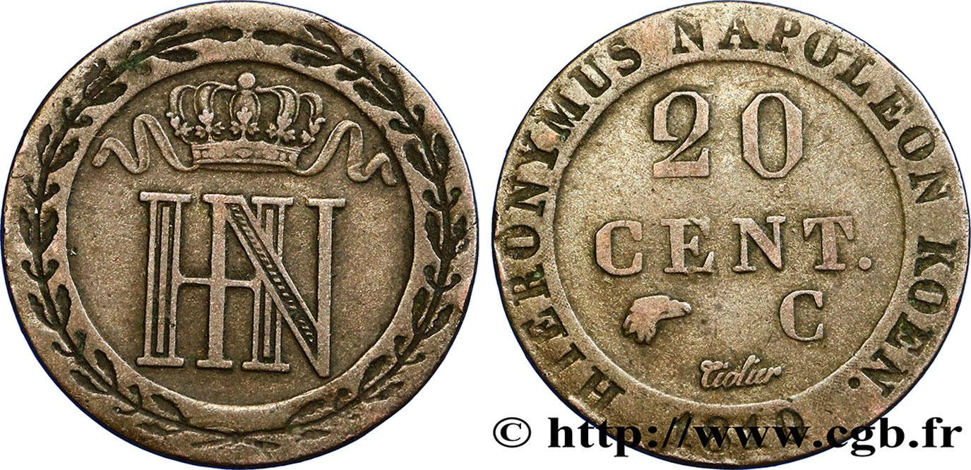 GERMANY - KINGDOM OF WESTPHALIA 20 Cent 1810 Cassel XF45 
