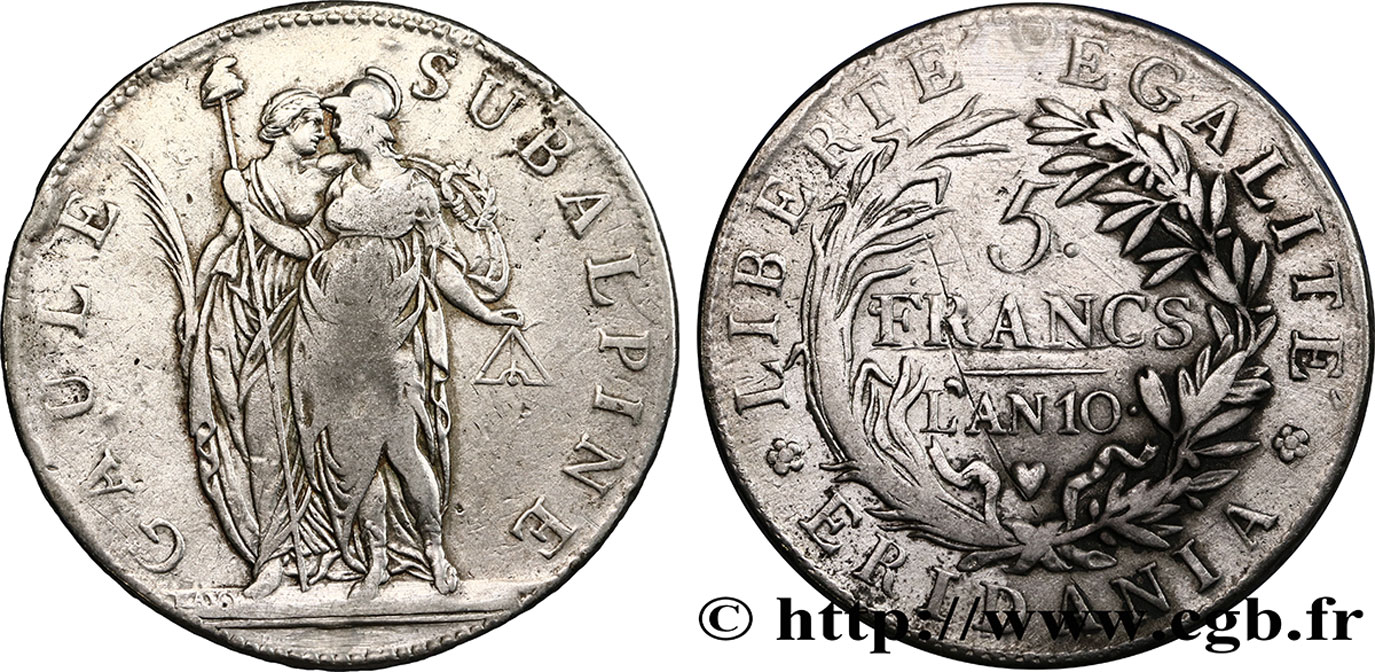 ITALY - SUBALPINE GAUL 5 Francs an 10 1802 Turin VF 