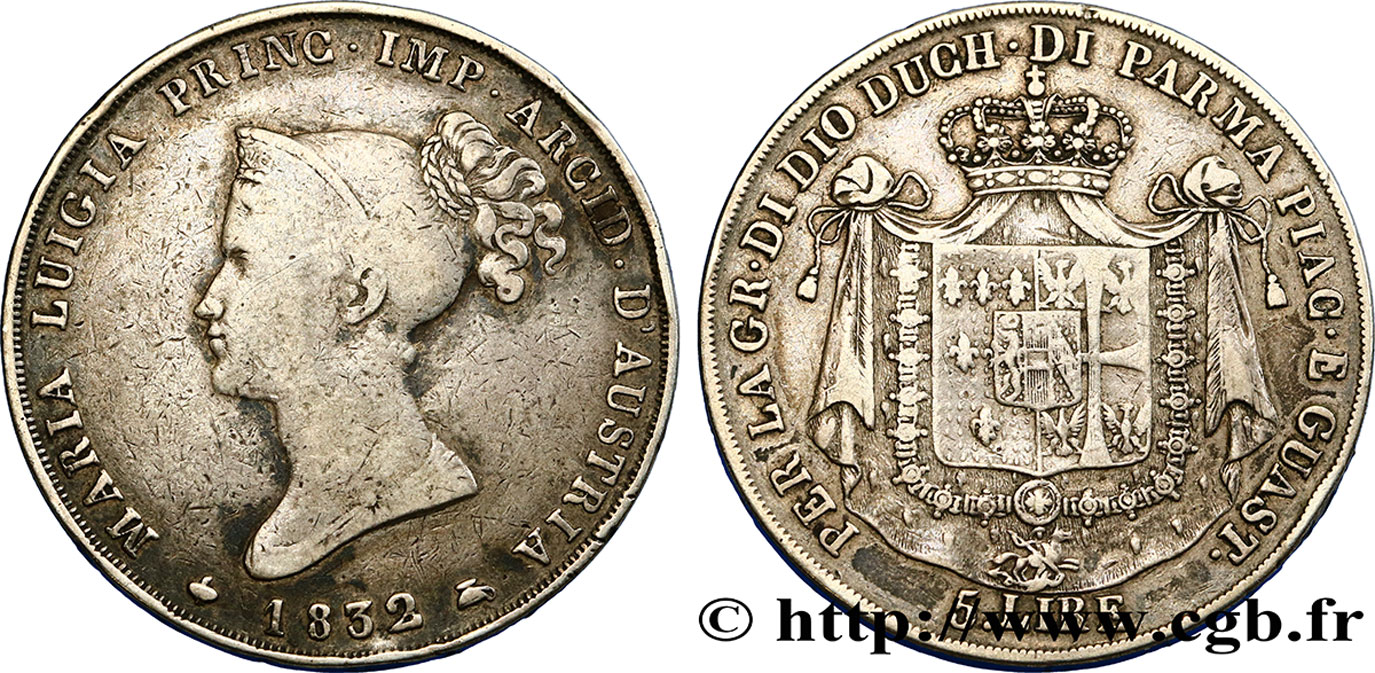 ITALY - PARMA AND PIACENZA 5 Lire Marie-Louise 1832 Milan VF 