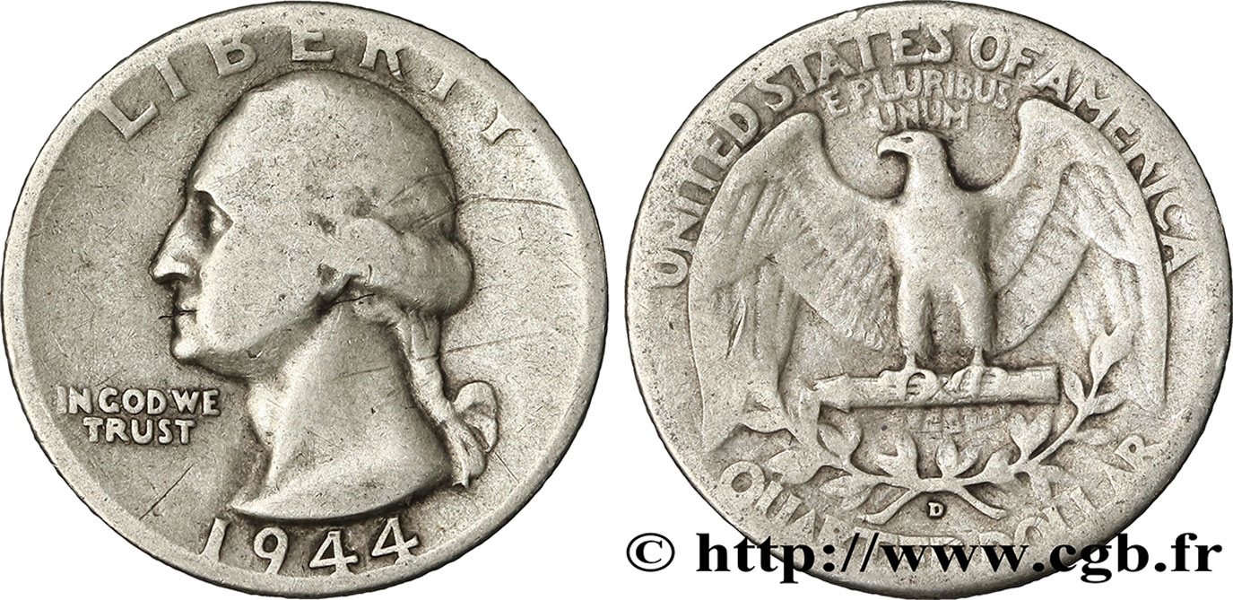 UNITED STATES OF AMERICA 1/4 Dollar Georges Washington 1944 Denver - D VF 