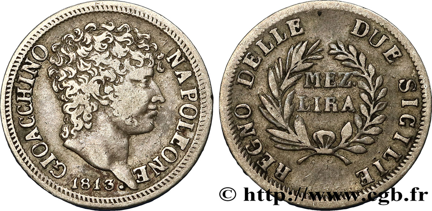 ITALY - KINGDOM OF NAPLES - JOACHIM MURAT 1/2 Lira 1813 Naples XF 
