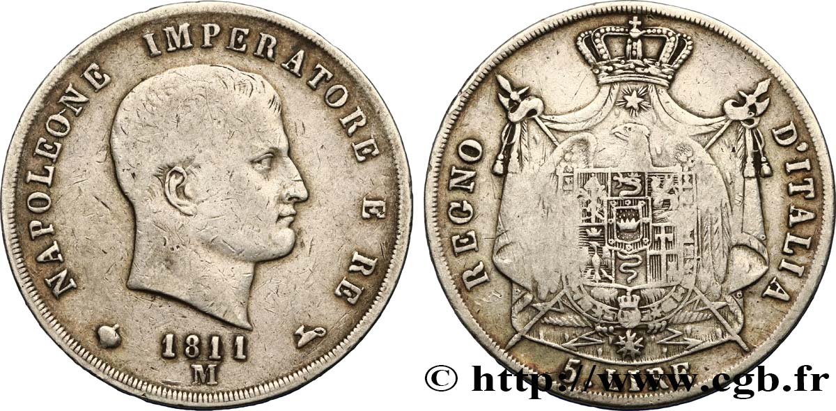 ITALIE - ROYAUME D ITALIE - NAPOLÉON Ier 5 Lire 1811 Milan TB+ 