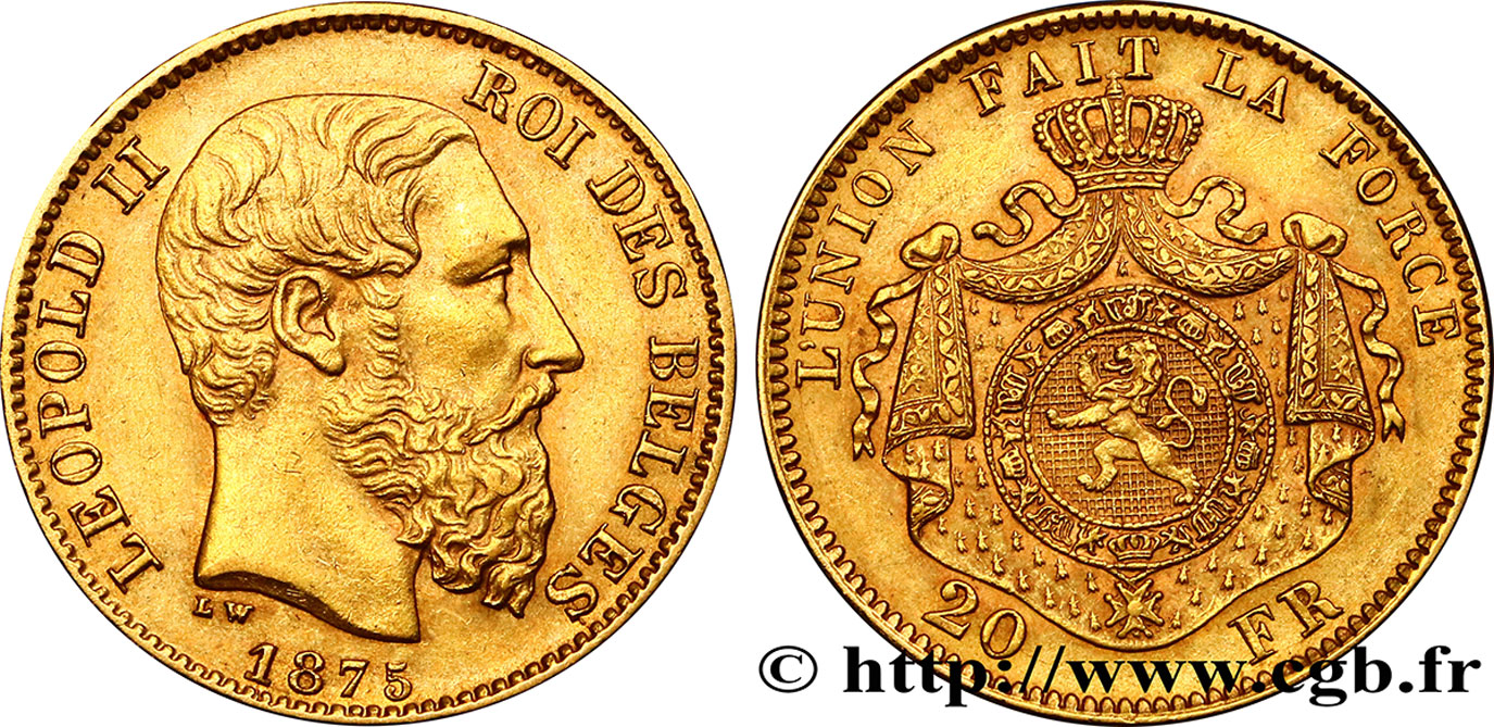BELGIEN 20 Francs or Léopold II 1875 Bruxelles VZ 