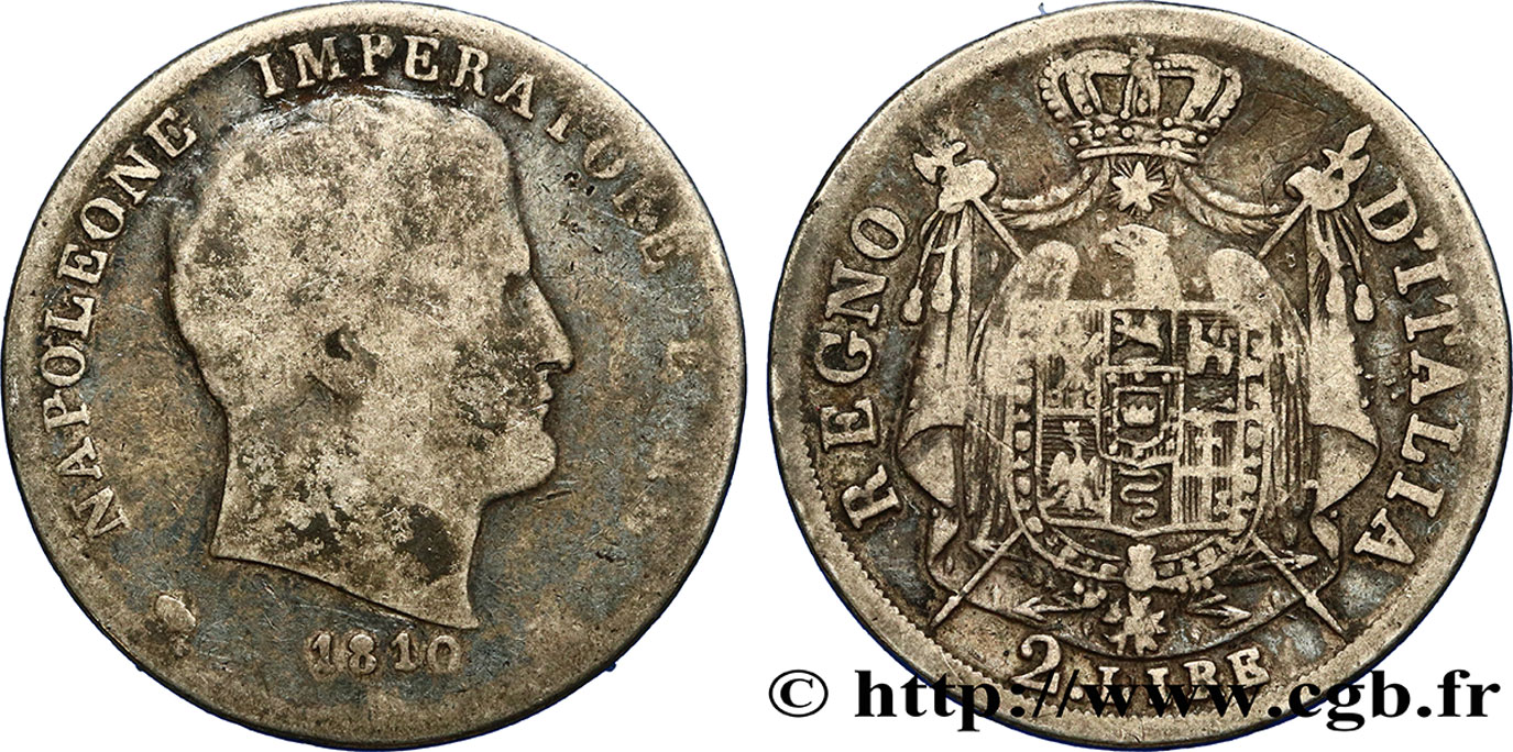 ITALY - KINGDOM OF ITALY - NAPOLEON I 2 Lire 1810 Milan VG/F 