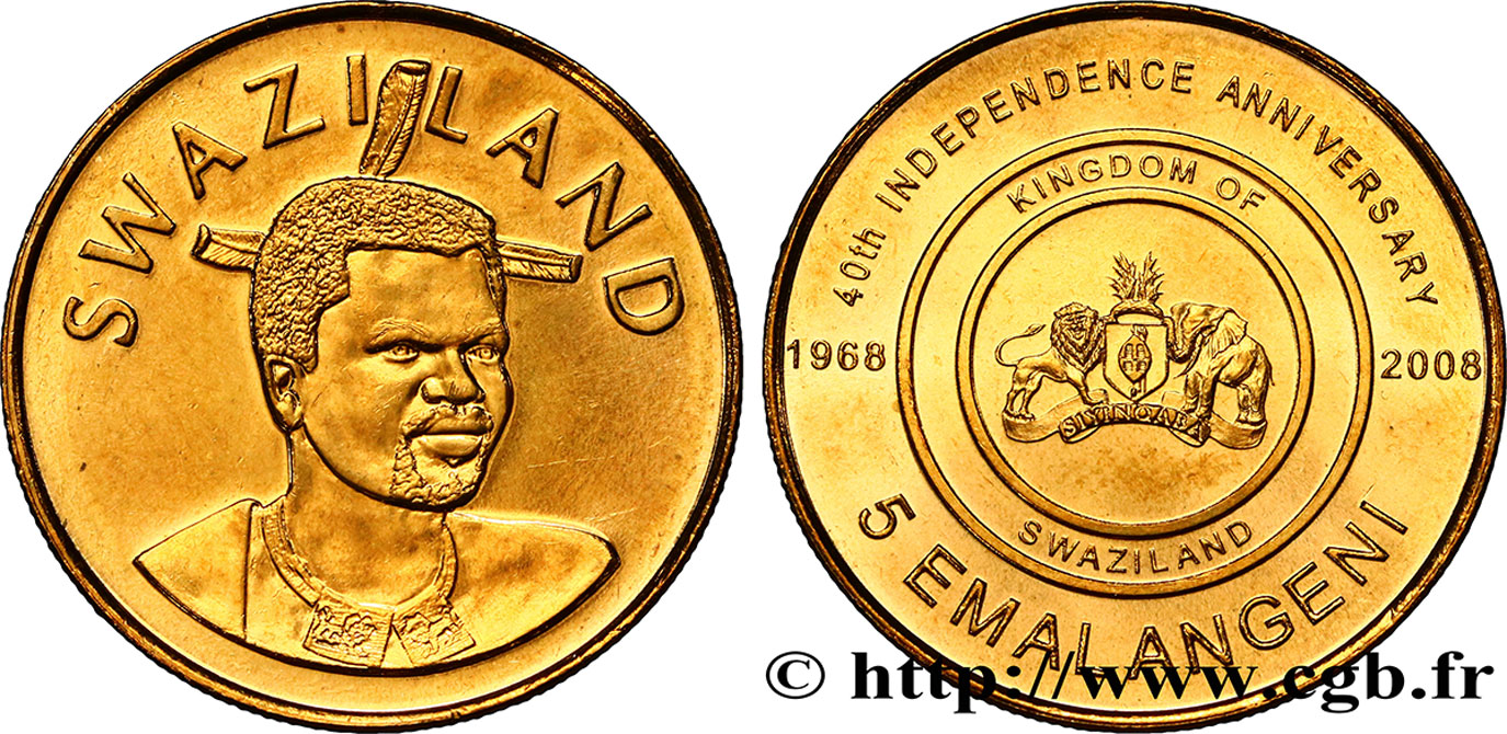 SWASILAND 5 Emalangeni 40e anniversaire de l’indépendance :  roi Msawati III / emblème 2008  fST 