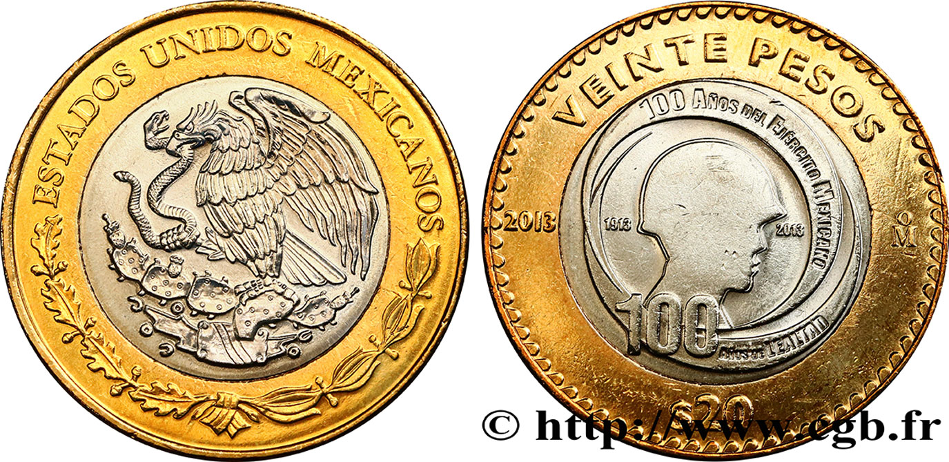 MEXIKO 20 Pesos centenaire de l’Armée Mexicaine 2013  fST 