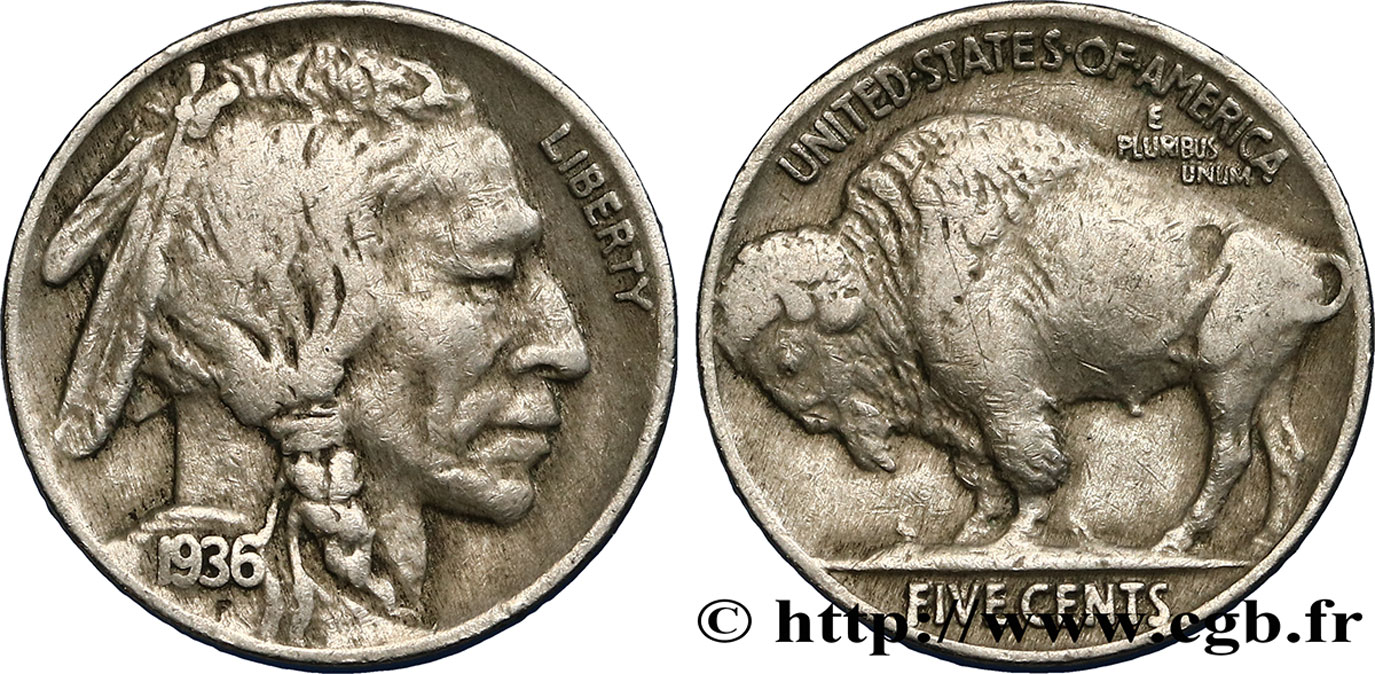UNITED STATES OF AMERICA 5 Cents Tête d’indien ou Buffalo 1936 Philadelphie XF 
