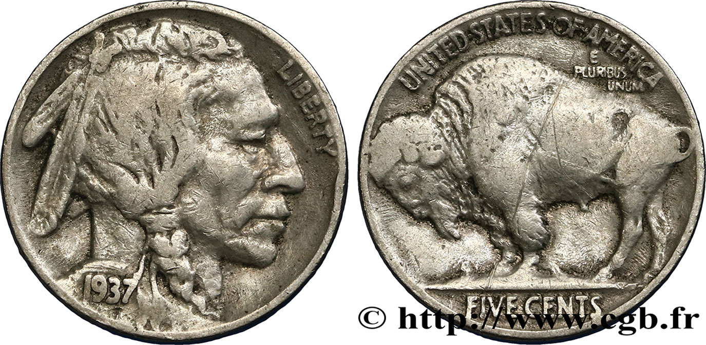 STATI UNITI D AMERICA 5 Cents Tête d’indien ou Buffalo 1937 Philadelphie BB 