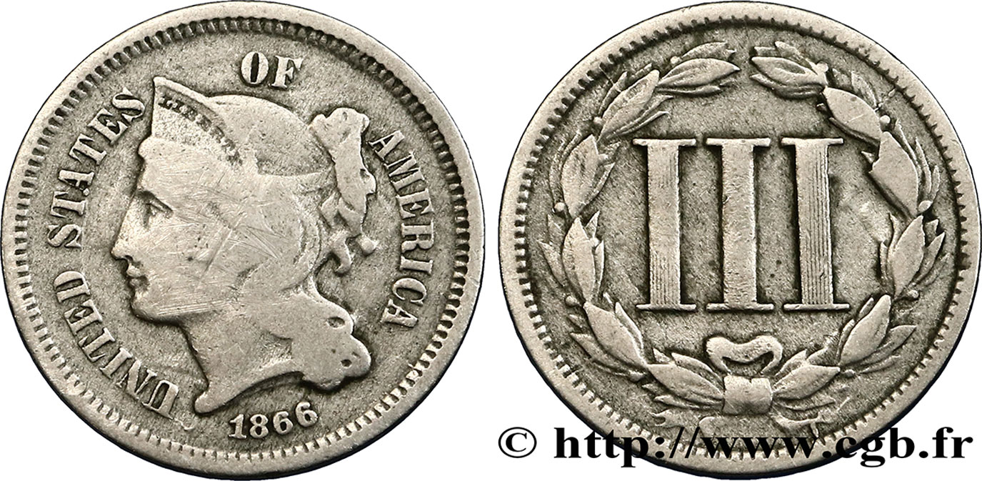 UNITED STATES OF AMERICA 3 Cents 1866 Philadelphie VF 