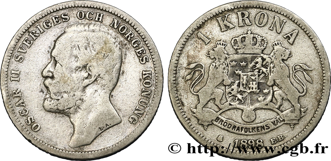 SVEZIA 1 Krona Oscar II de Suède et de Norvège 1898  q.MB 