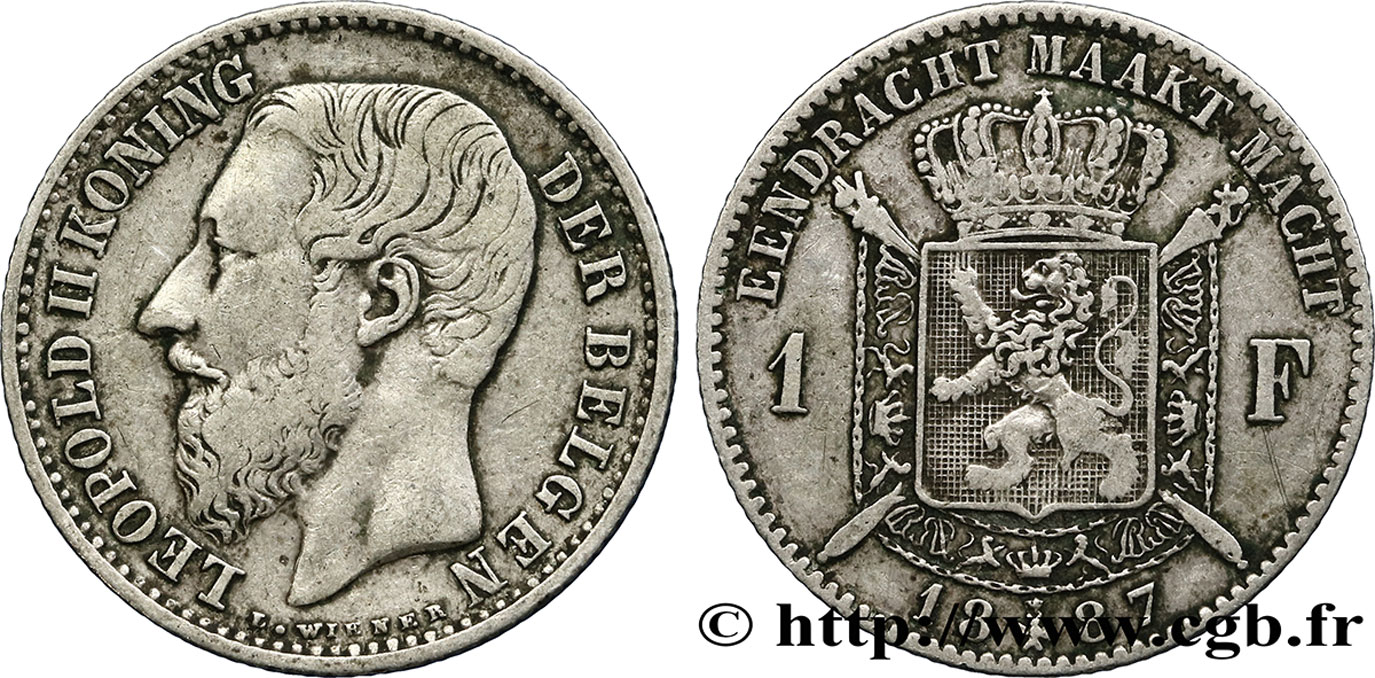 BELGIEN 1 Franc Léopold II légende flamande 1887  fSS 