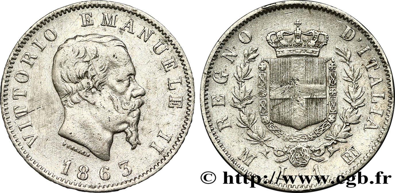ITALIE 1 Lire Victor Emmanuel II 1863 Milan TB+ 