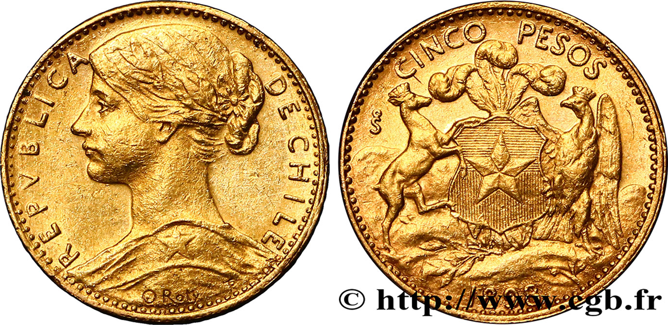 CHILI - RÉPUBLIQUE 5 Pesos or 1898 Santiago AU 