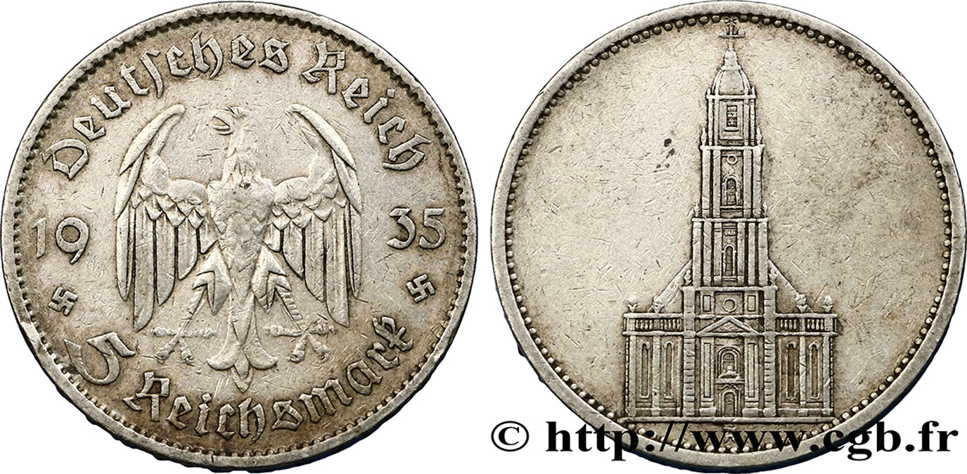 DEUTSCHLAND 5 Reichsmark église de la garnison de Potsdam 1935 Berlin SS 