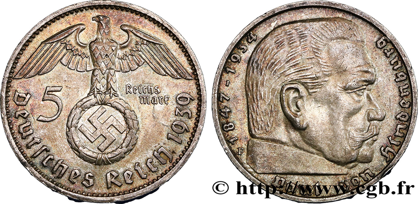 ALLEMAGNE 5 Reichsmark aigle surmontant une swastika / Maréchal Paul von Hindenburg 1939 Stuttgart - F SUP 