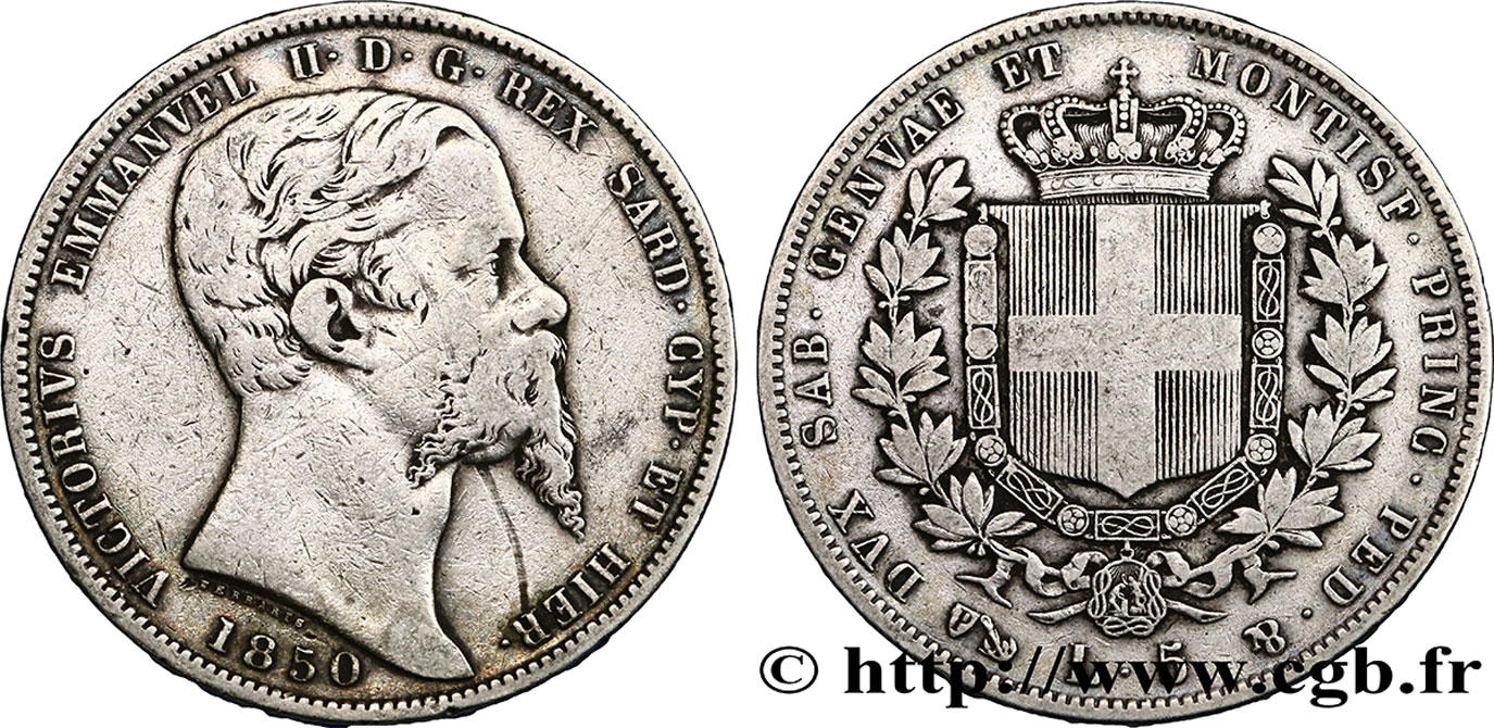 ITALY - KINGDOM OF SARDINIA 5 Lire Victor Emmanuel II 1850 Gênes VF 
