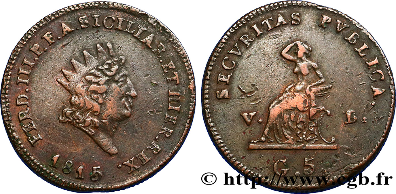 ITALIA - REINO DE SICILIA 5 Grana Ferdinand III 1815  BC+ 