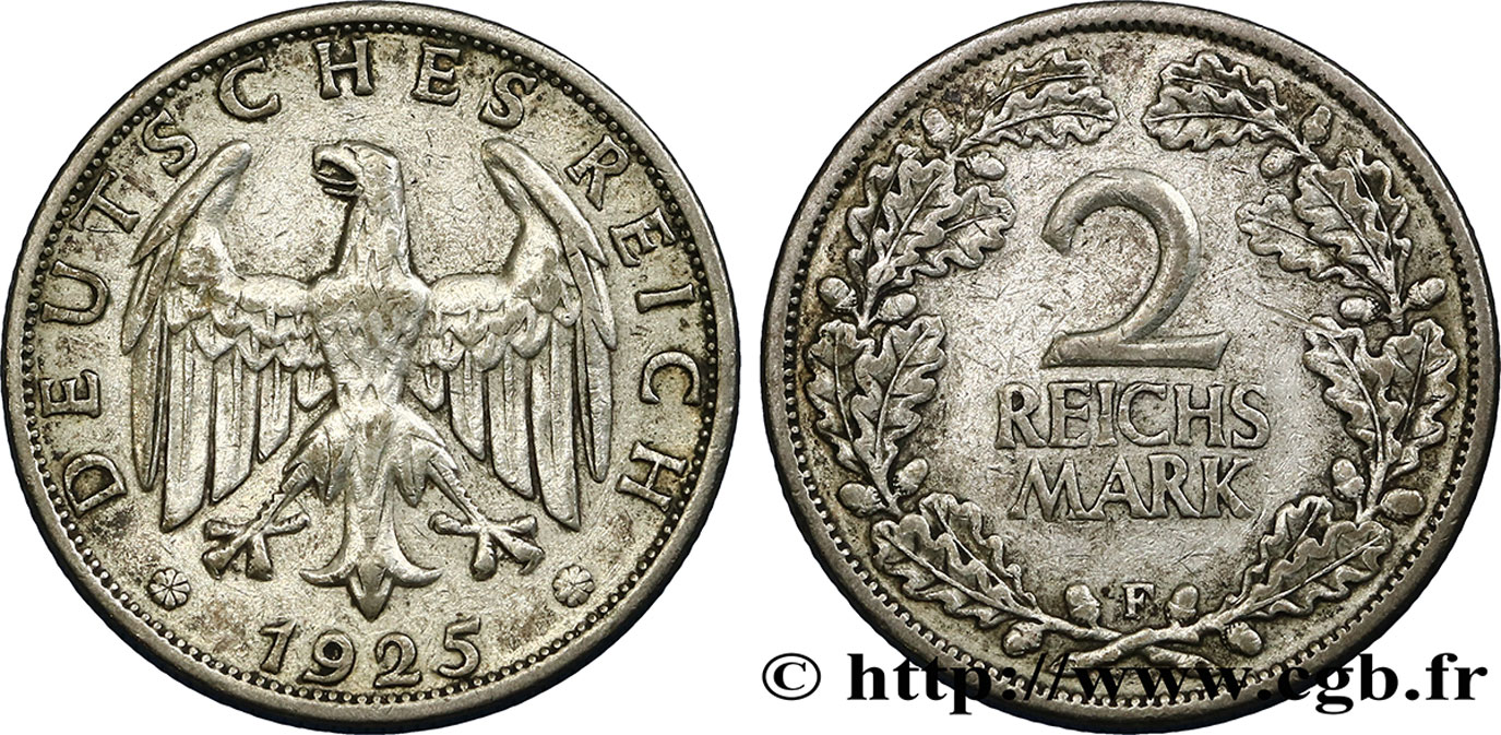 GERMANY 2 Reichsmark aigle 1925 Stuttgart - F XF 