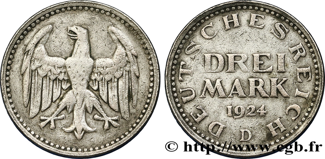 GERMANY 3 Mark aigle 1924 Munich - D VF 