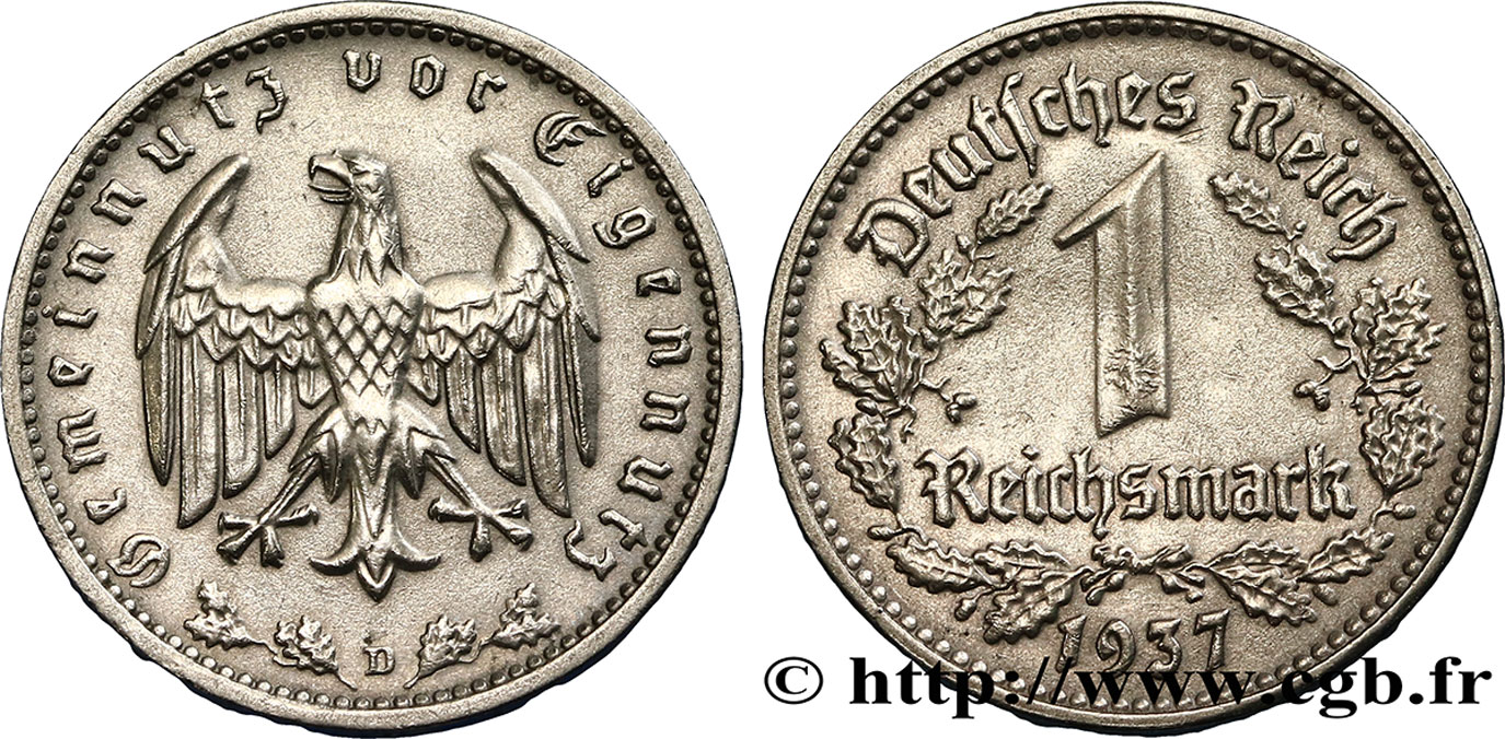 DEUTSCHLAND 1 Reichsmark aigle 1937 Munich - D VZ 