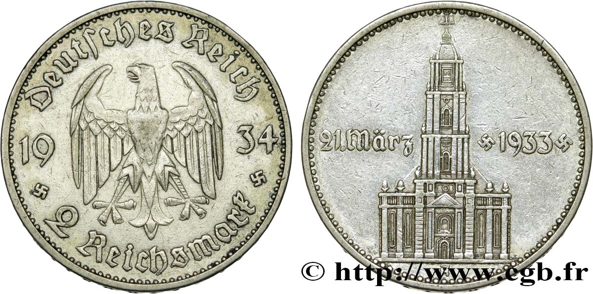 GERMANIA 2 Reichsmark Commémoration du serment du 21 mars 1933 en l’église de la garnison de Potsdam 1934 Berlin BB 