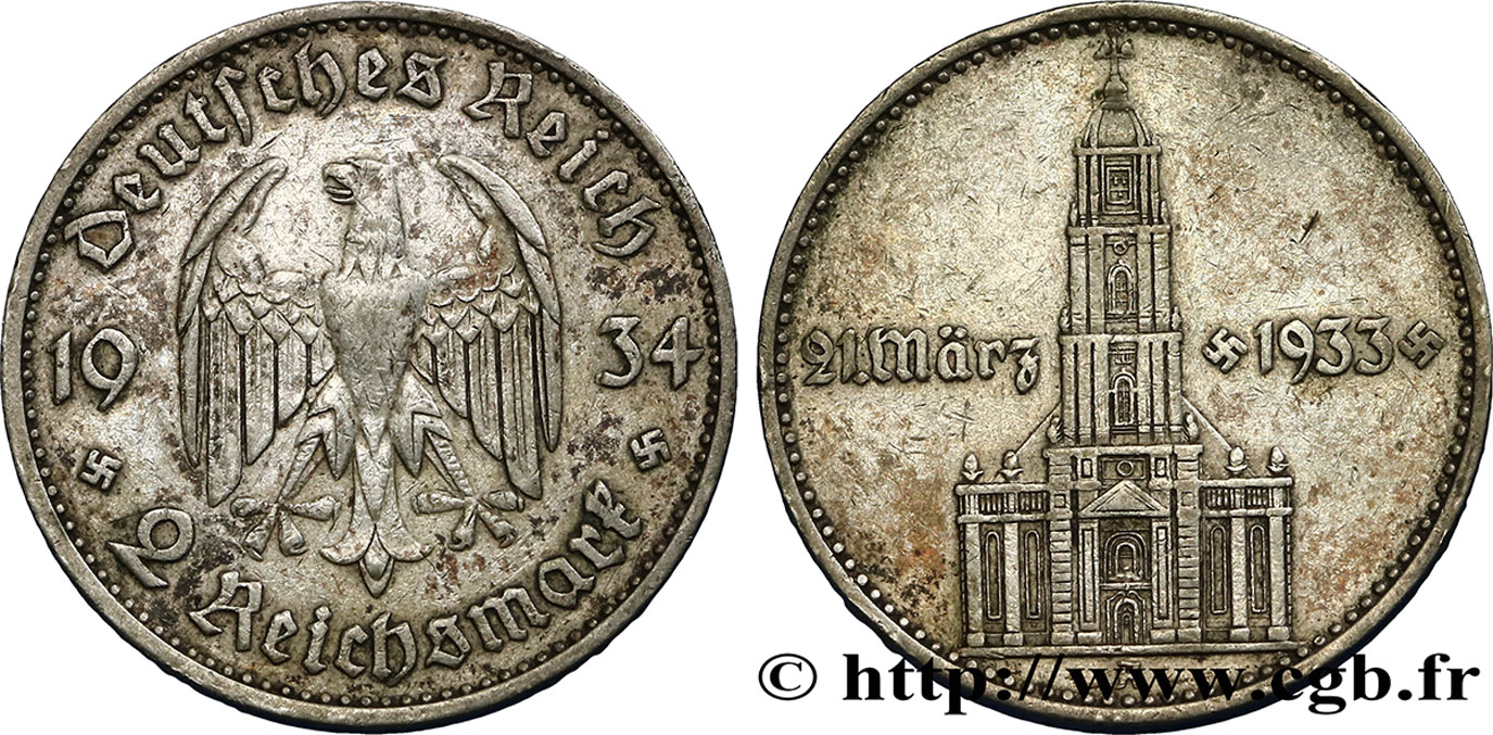 GERMANY 2 Reichsmark Commémoration du serment du 21 mars 1933 en l’église de la garnison de Potsdam 1934 Berlin XF 