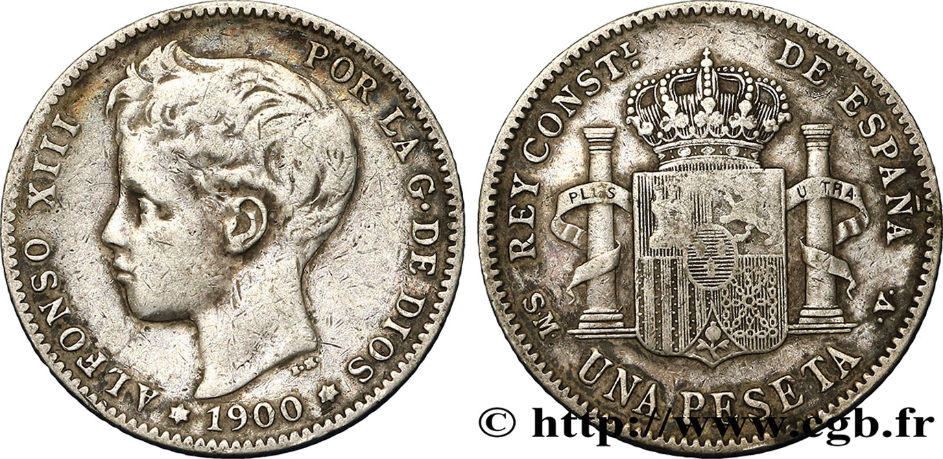 ESPAGNE 1 Peseta Alphonse XIII 3e type 1900 Madrid TB+ 