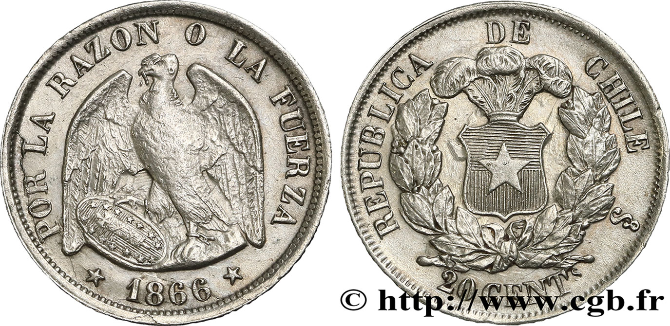 CHILE 20 Centavos Condor 1866 Santiago AU 