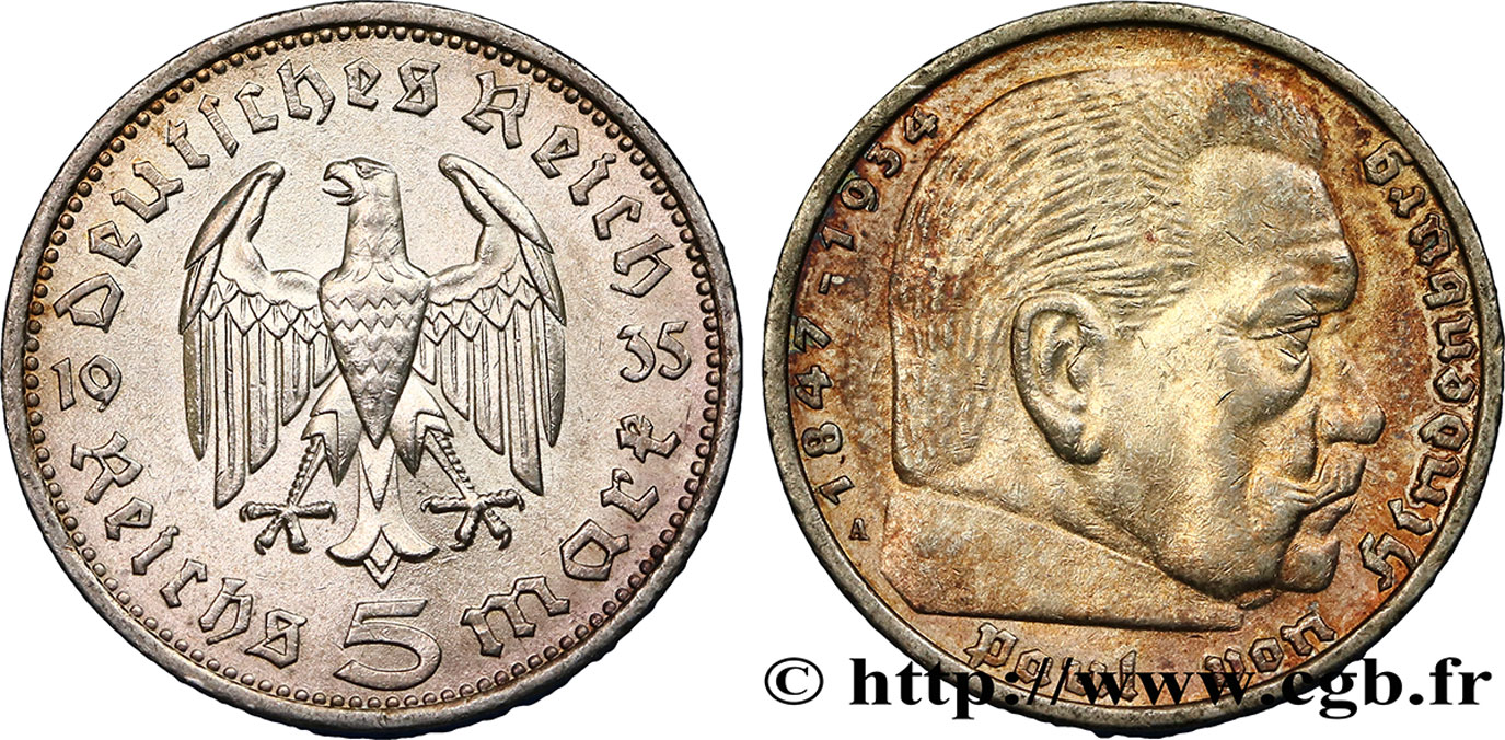 DEUTSCHLAND 5 Reichsmark Aigle / Maréchal Paul von Hindenburg 1935 Berlin VZ 