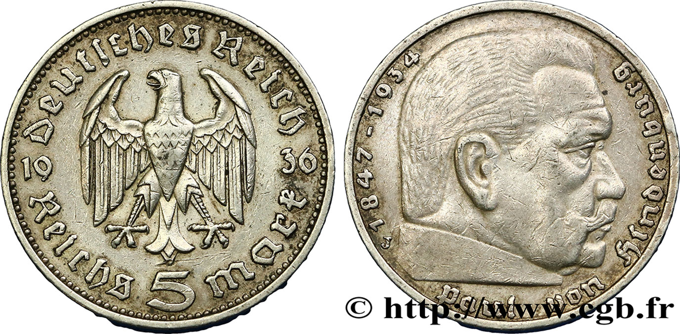 DEUTSCHLAND 5 Reichsmark Maréchal Paul von Hindenburg 1936 Hambourg - J SS 