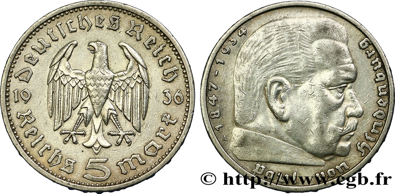 DEUTSCHLAND 5 Reichsmark Maréchal Paul von Hindenburg 1936 Berlin fVZ 