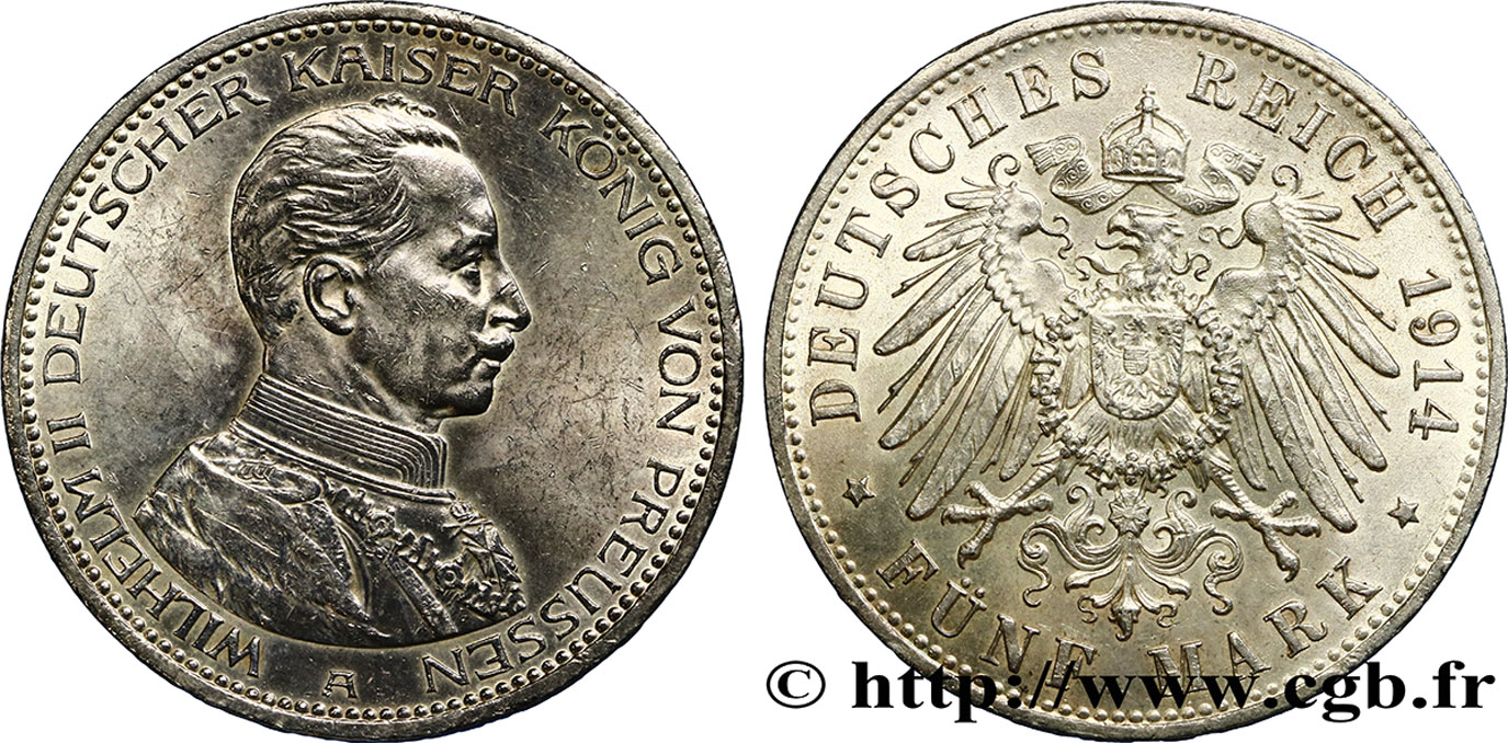 GERMANY - PRUSSIA 5 Mark Guillaume II 1914 Berlin AU/MS 