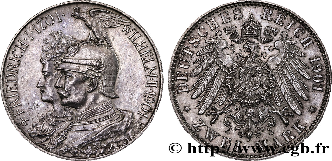 GERMANIA - PRUSSIA 2 Mark Guillaume II 200e anniversaire de la Prusse 1901 Berlin SPL 