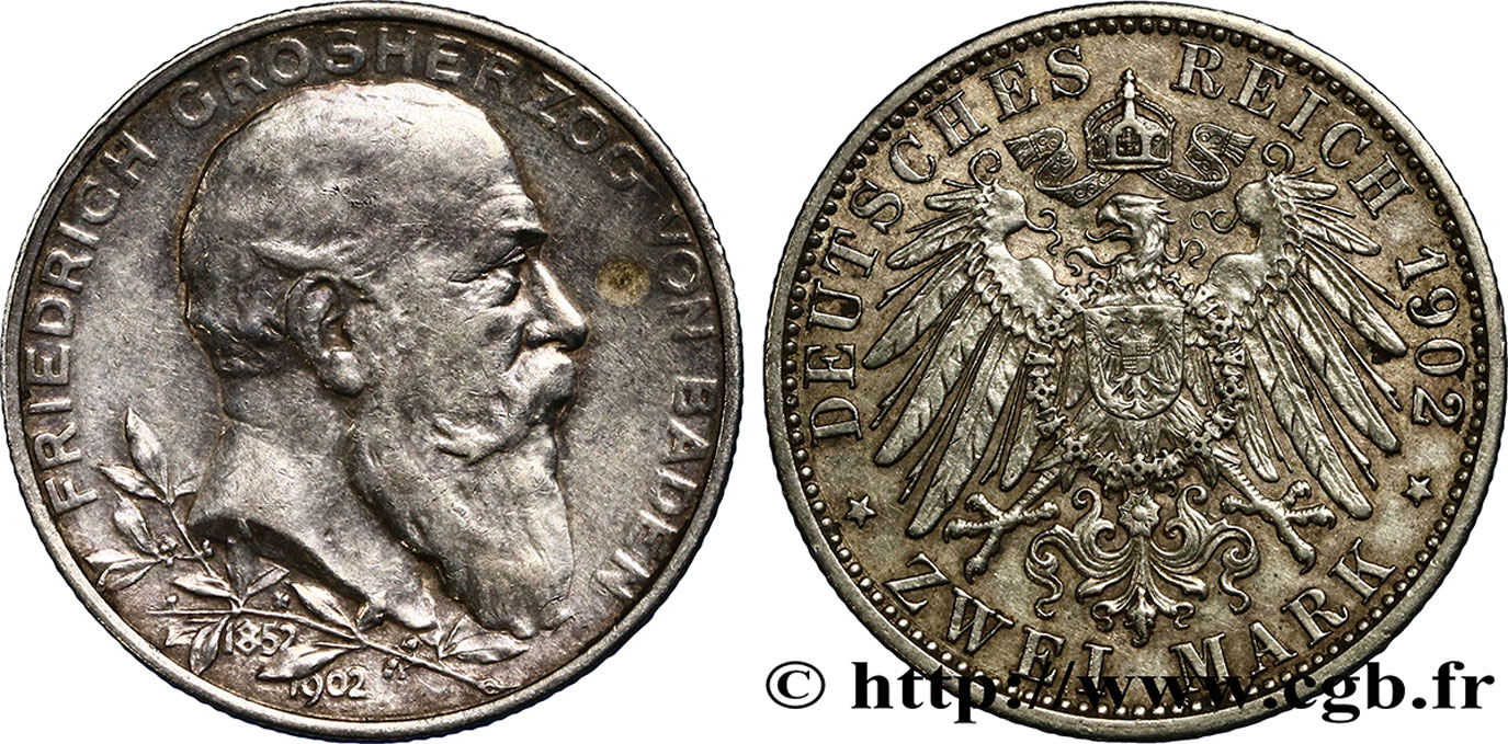 GERMANIA - BADEN 2 Mark 50 ans de règne de Frédéric Ier 1902 Karlsruhe q.SPL 