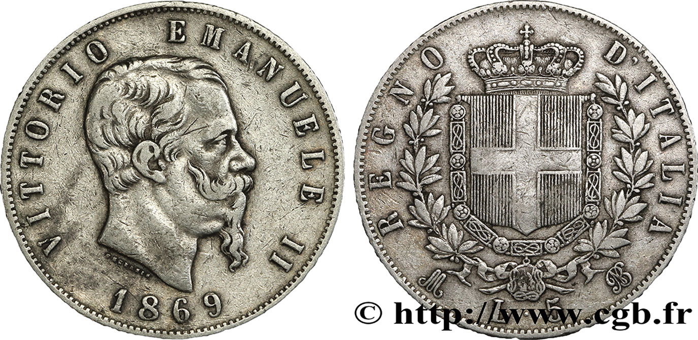 ITALIEN 5 Lire Victor Emmanuel II 1869 Milan fSS 