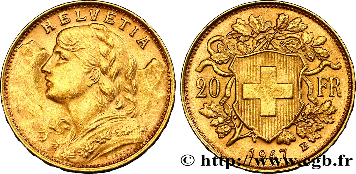 SCHWEIZ 20 Francs or  Vreneli  1947 Berne VZ 