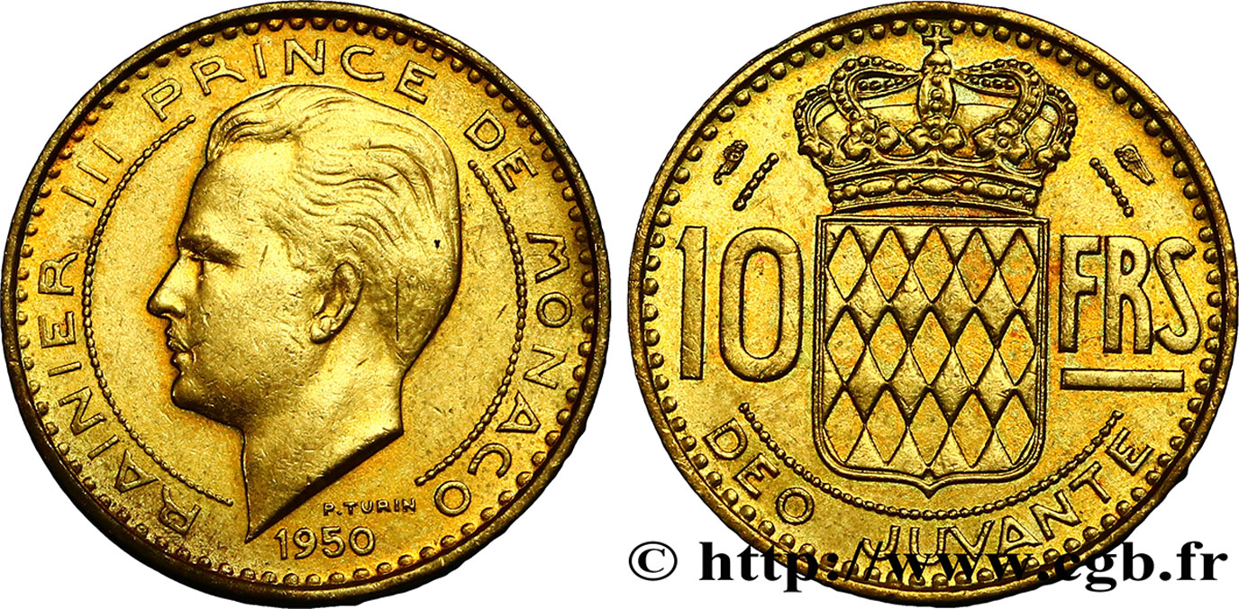 MONACO 10 Francs Rainier III / écu couronné 1950 Paris AU 