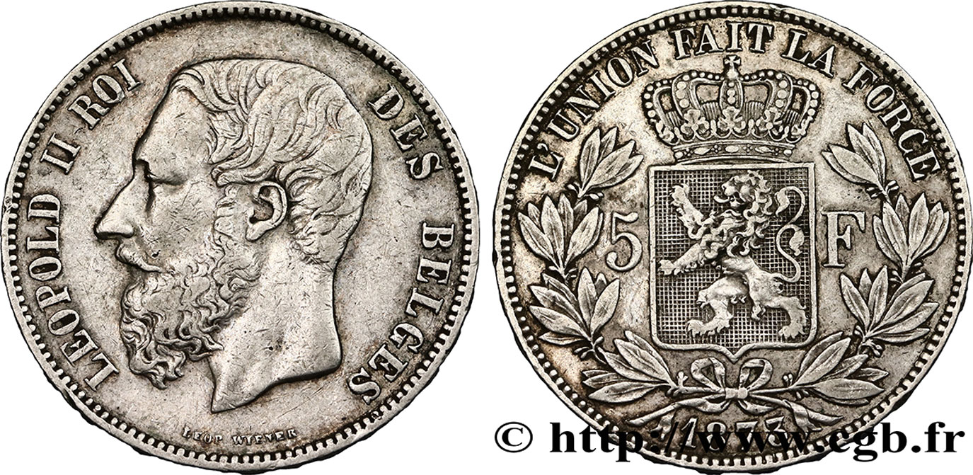 BÉLGICA 5 Francs Léopold II 1873  MBC 
