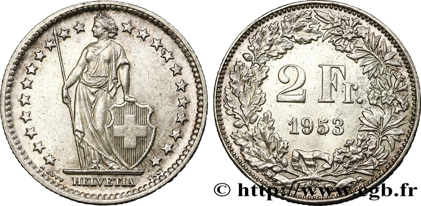 SCHWEIZ 2 Francs Helvetia 1953 Berne fVZ 