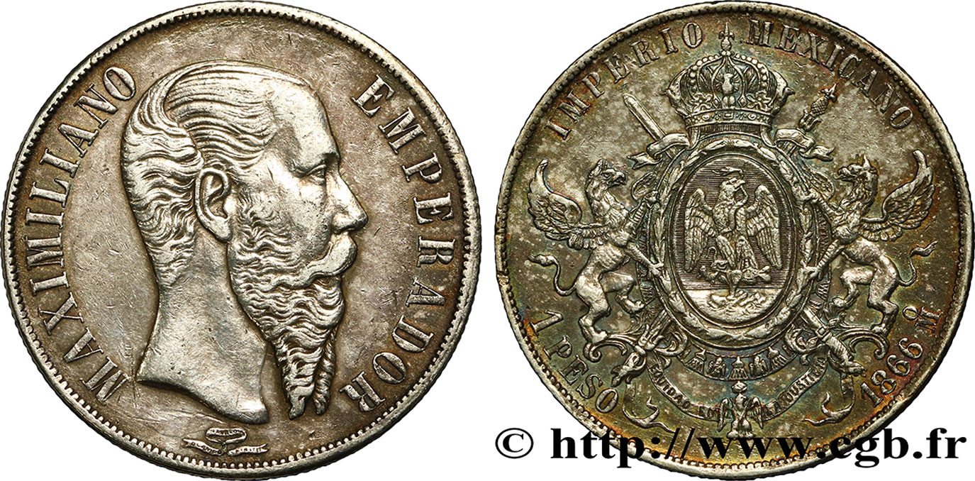 MEXIKO 1 Peso Empereur Maximilien 1866 Mexico fVZ 