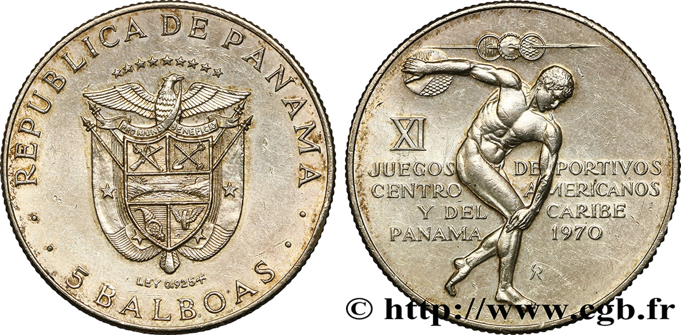 PANAMA 5 Balboas XIe Jeux Américains 1970 Franklin Mint AU 