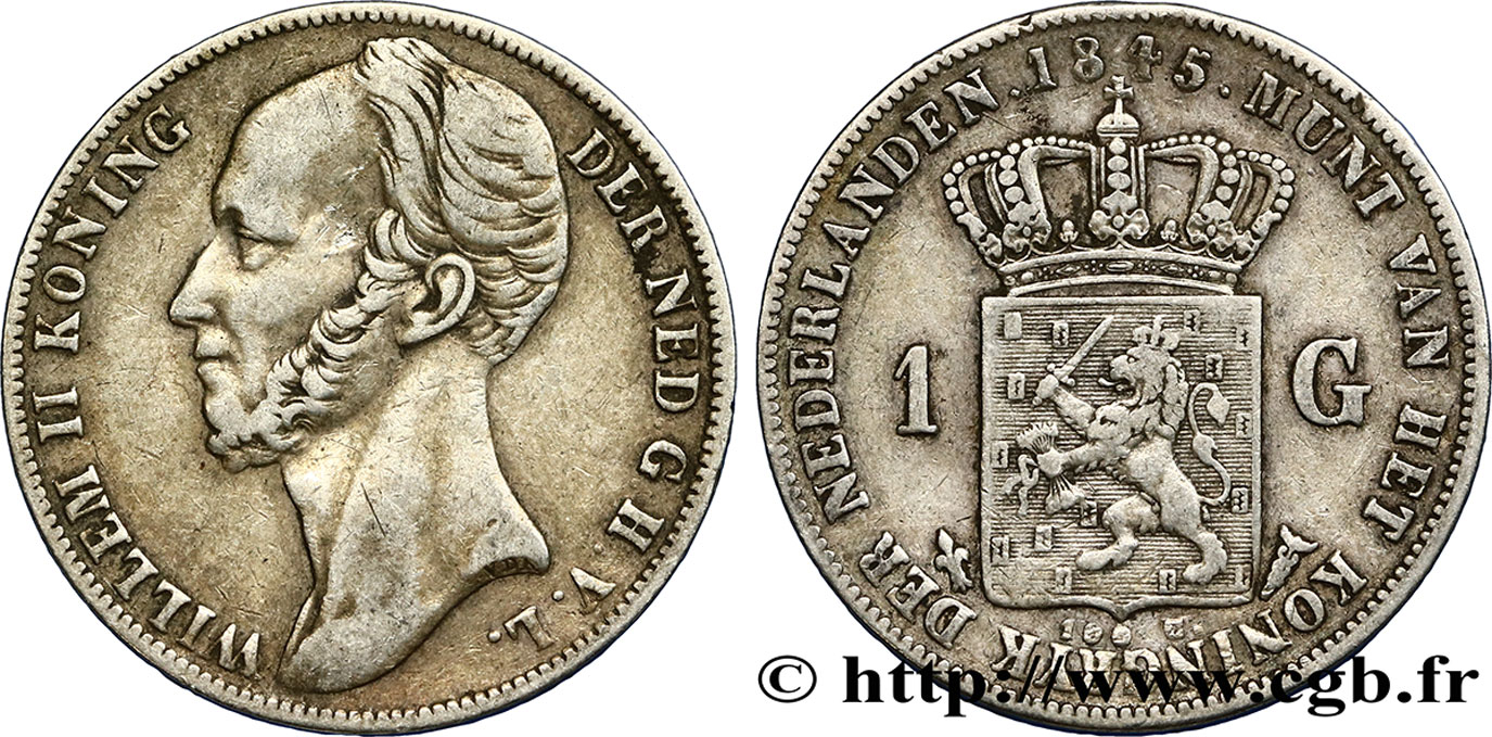 NETHERLANDS 1 Gulden Guillaume II 1845 Utrecht XF 