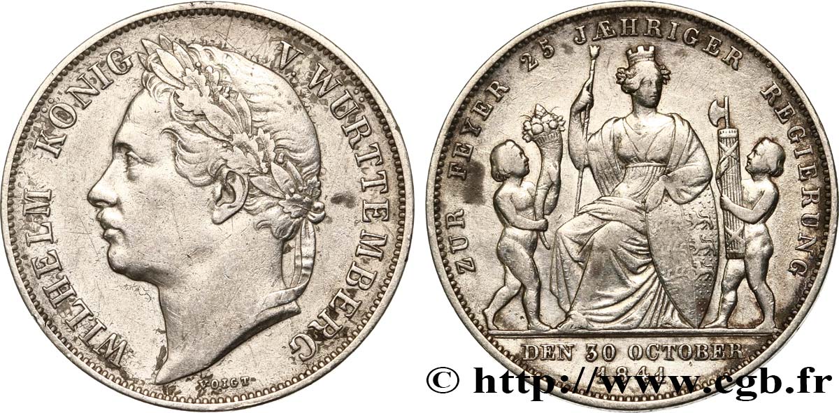GERMANIA - WÜRTEMBERG 1 Gulden 25e anniversaire du règne de Guillaume 1841 Stuttgart BB 