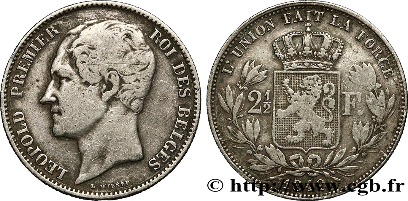 BELGIUM 2 1/2 Francs grosse tête nue Léopold Ier 1849 Bruxelles VF 