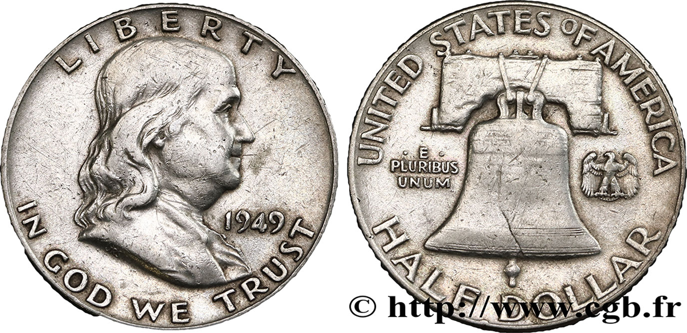 ESTADOS UNIDOS DE AMÉRICA 1/2 Dollar Benjamin Franklin 1949 Philadelphie BC+ 